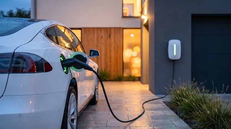 Câble de recharge branché sur une voiture électrique, de nuit